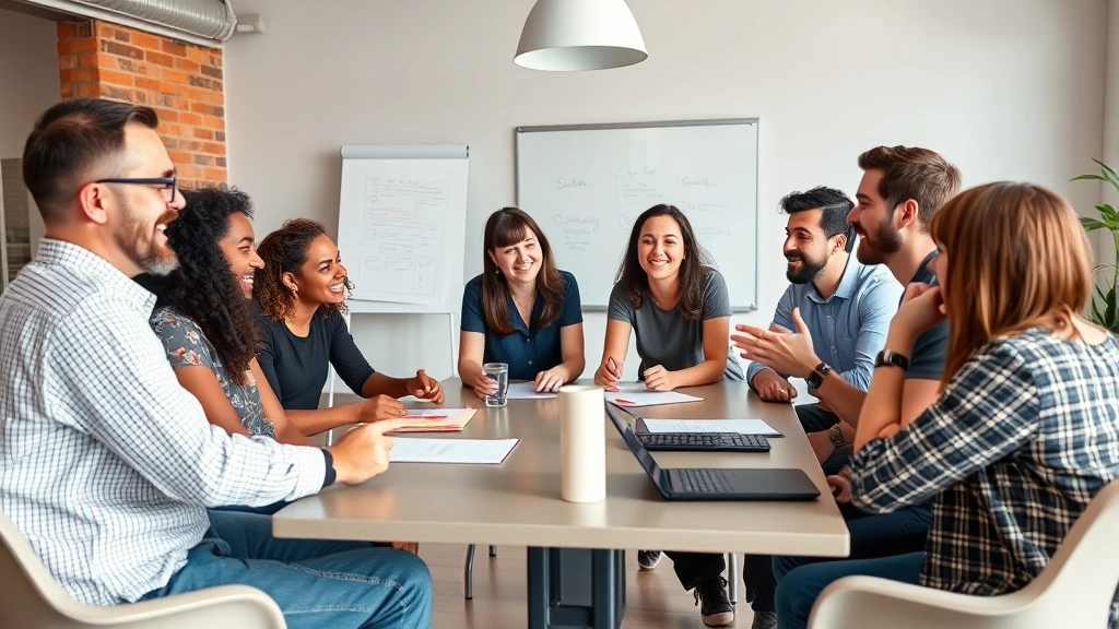 Diverse founding team in a casual meeting room having an animated discussion around a table, whiteboard visible in background, collaborative energy, genuine engagement