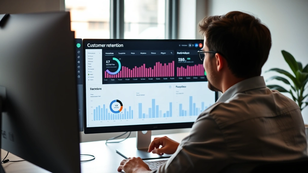 Customer retention dashboard on a computer monitor showing metrics, with a founder reviewing analytics at a desk, charts and graphs visible on screen, professional startup environment