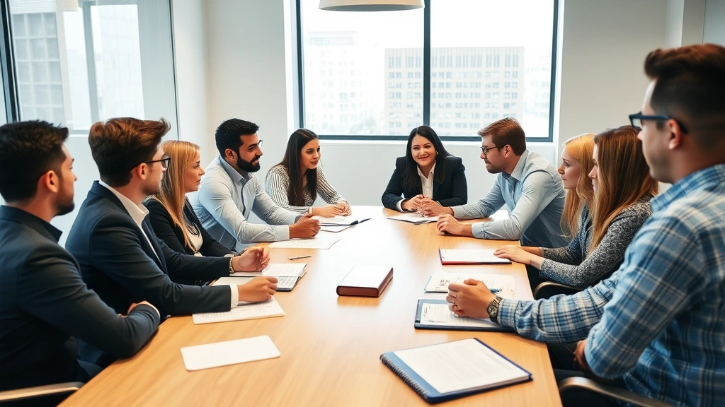 Team meeting around conference table with diverse professionals engaged in discussion, papers and notebooks visible, collaborative energy, bright office setting