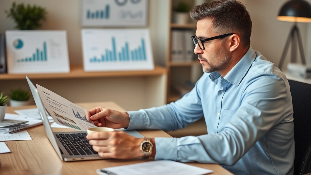 Solo entrepreneur reviewing financial documents and charts at desk, laptop open, cup of coffee nearby, concentrated work session, professional but relaxed environment
