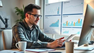 Founder working at desk with financial spreadsheets and business metrics displayed, natural office lighting, focused expression, coffee cup nearby, realistic photography