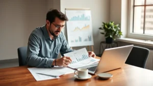 Founder reviewing financial spreadsheets and unit economics charts at wooden desk with laptop and coffee, focused expression, natural daylight from window, modern minimalist office setting