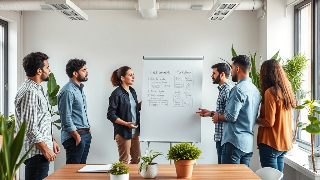Team collaborating in startup office space around whiteboard session, diverse group engaged in discussion, bright contemporary workspace with plants, energetic but organized atmosphere