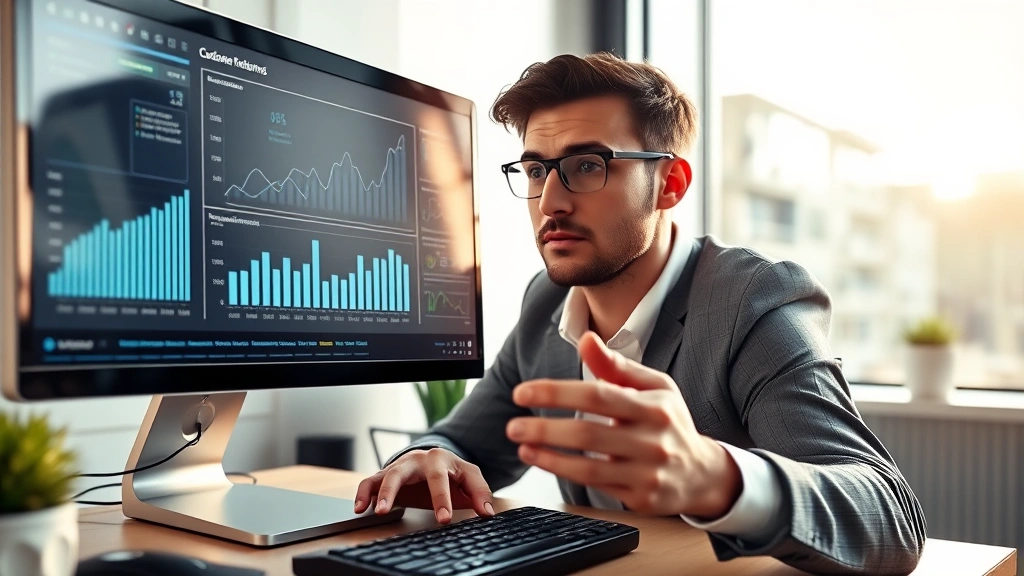 Entrepreneur analyzing customer retention metrics on computer screen, hands gesturing over keyboard, professional business casual setting, thoughtful analytical expression, morning light