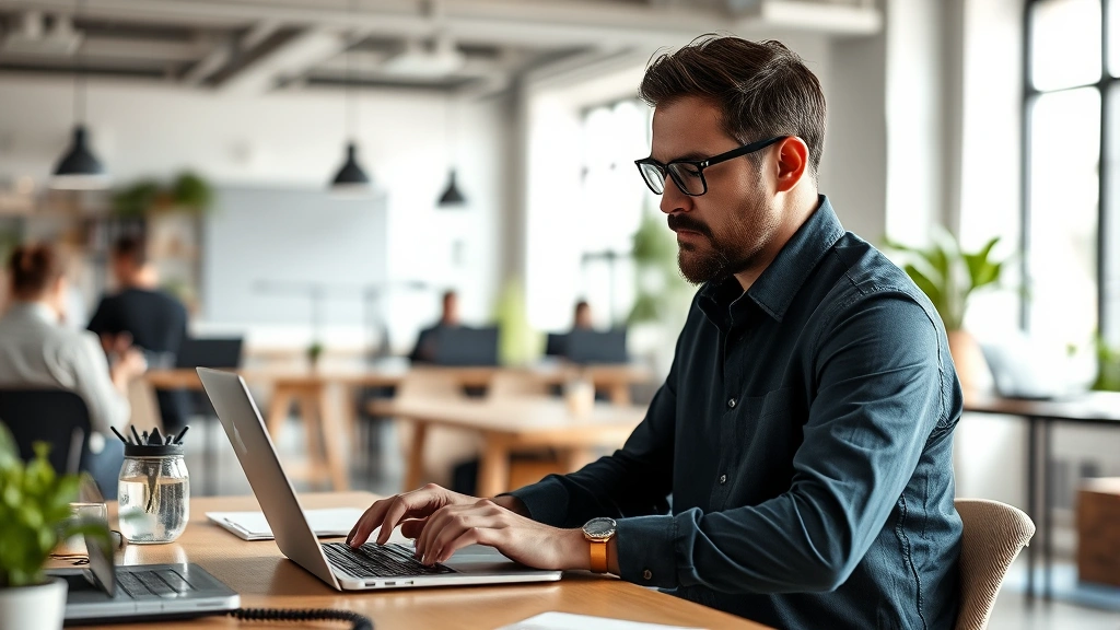 Founder working at laptop in startup office, intense focus, natural lighting, collaborative workspace visible in soft focus background