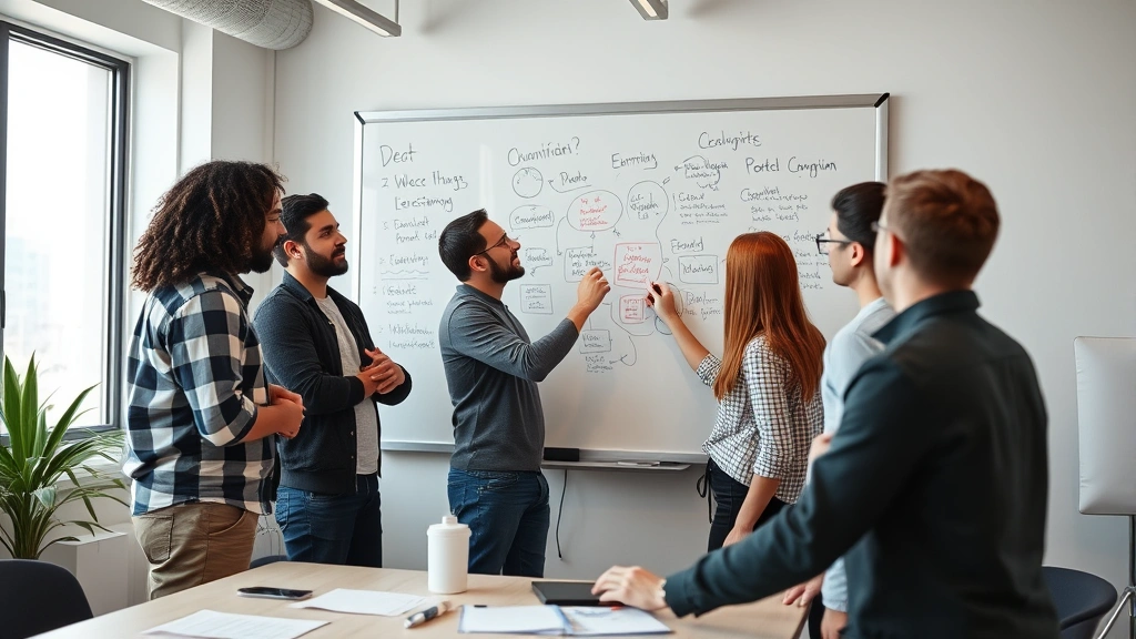 Diverse startup team in brainstorming session, sketching ideas on whiteboard, energetic and engaged, modern office environment