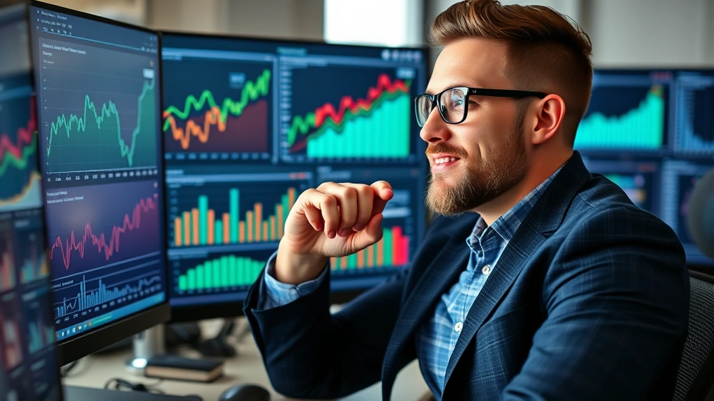 Entrepreneur reviewing metrics and growth charts on computer screen, hand on chin in thoughtful pose, successful but realistic expression