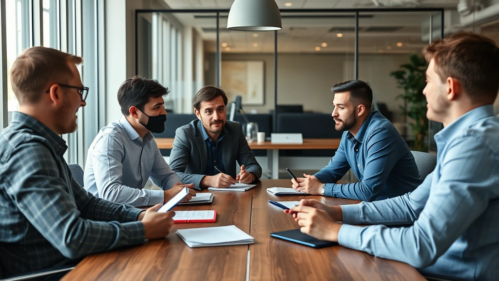 Team of entrepreneurs in intense discussion around conference table with notebooks, genuine debate moment, startup office environment, candid photography