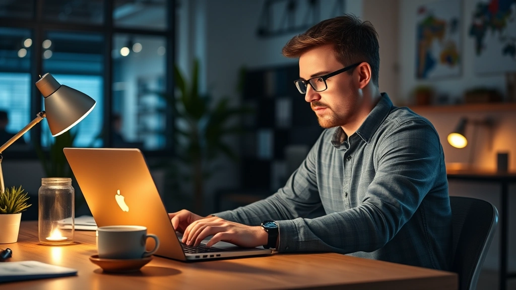 Founder working late at laptop in startup office, coffee cup nearby, focused expression, warm lighting, real workspace atmosphere
