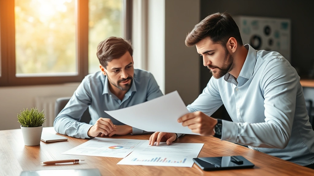 Two entrepreneurs having intense discussion over document at wooden table, natural light, collaborative energy, genuine interaction