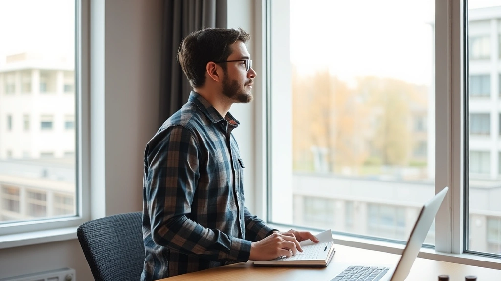 Solo founder at standing desk looking out window thoughtfully, notebook and pen visible, contemplative moment during workday