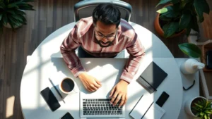 Overhead shot of a founder working at a desk with coffee, laptop, and notebook, natural morning light streaming in, focused and determined expression, modern startup workspace aesthetic