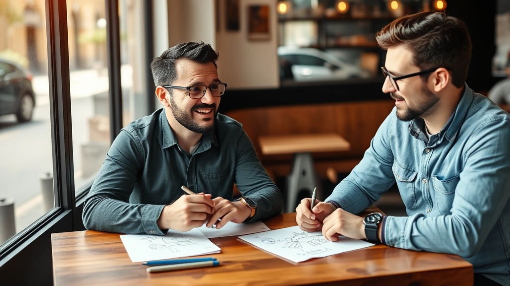 Two entrepreneurs in casual clothing having an animated conversation at a coffee shop table, sketching ideas on paper napkins, genuine collaboration moment, warm natural lighting