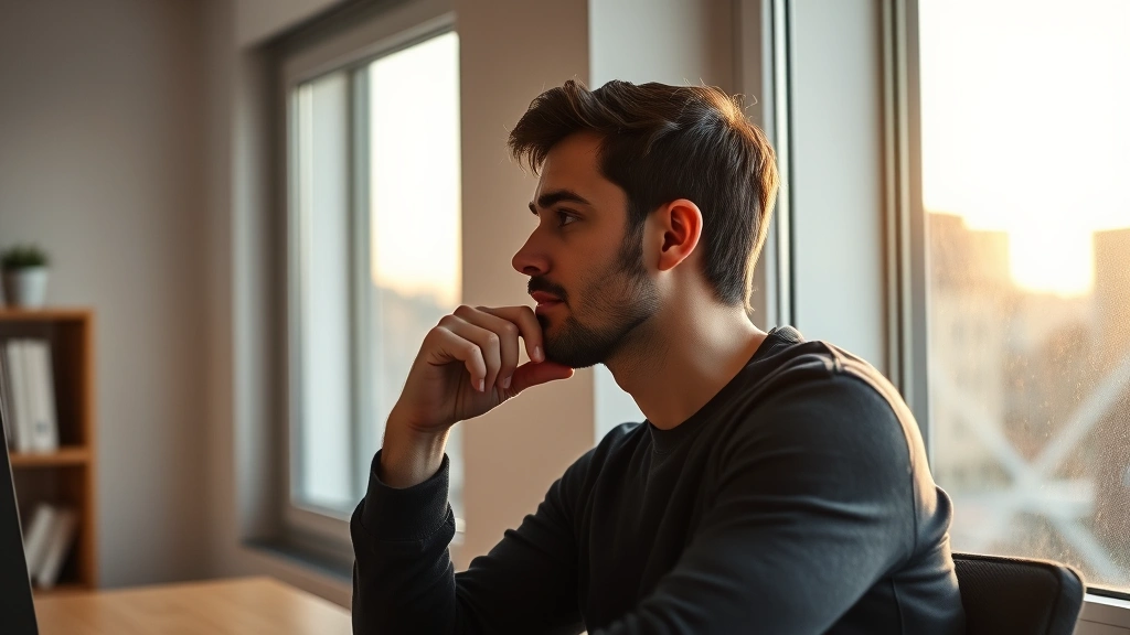 Solo founder looking out a window thoughtfully, hand on chin, contemplative pose, minimalist office space, morning or golden hour lighting, authentic moment of reflection