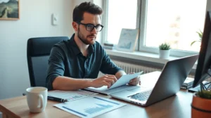 Founder working at desk with financial spreadsheets and laptop, natural daylight, focused expression, minimalist office setup, coffee cup nearby, professional but relaxed atmosphere