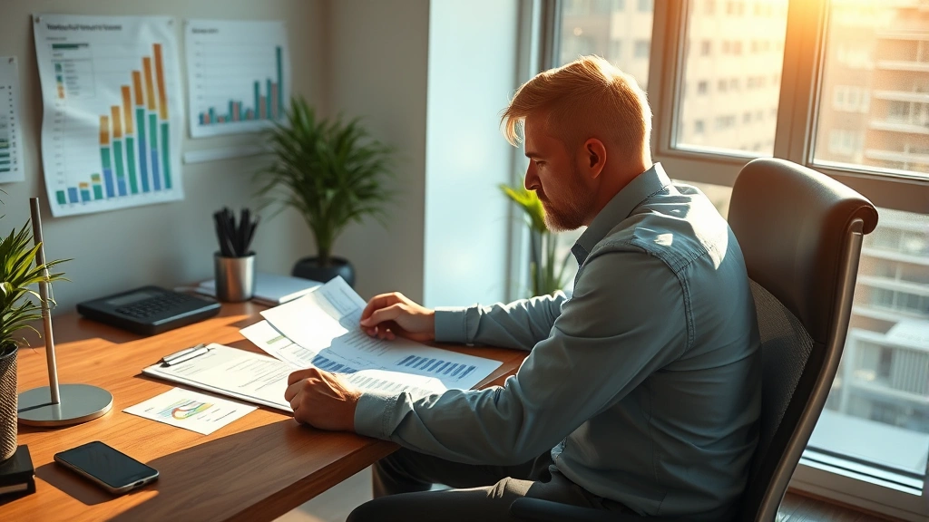 Founder sitting at wooden desk reviewing financial spreadsheets and growth charts, morning sunlight streaming through office window, focused expression showing careful analysis
