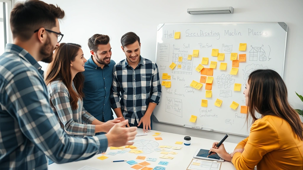 Diverse startup team in casual meeting, collaborating around whiteboard with sticky notes and sketches, genuine engagement and active discussion visible