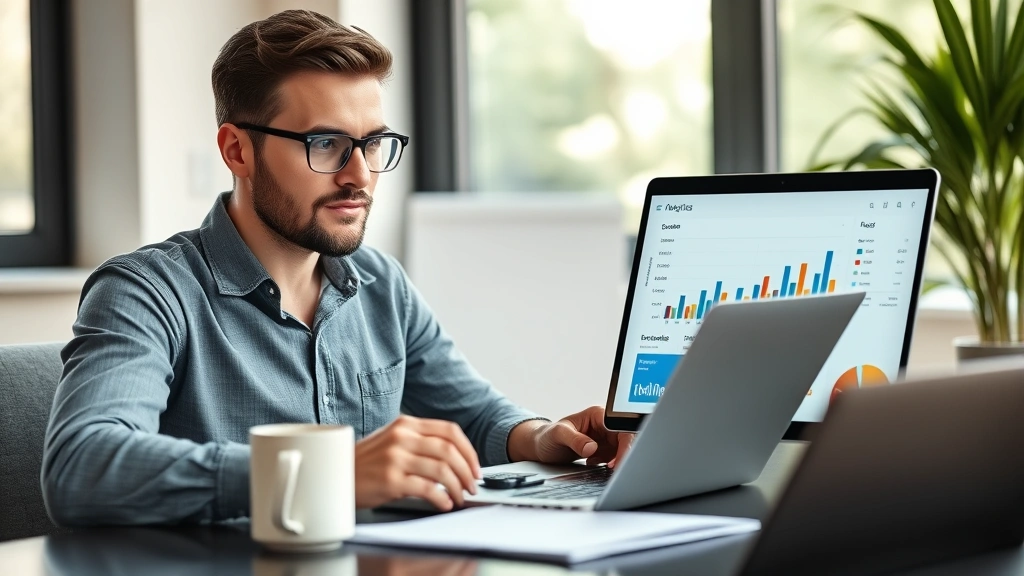 Entrepreneur at laptop reviewing customer retention metrics and business analytics dashboard, coffee cup nearby, thoughtful expression of strategic planning