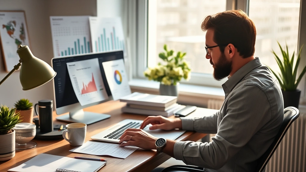 Founder working at desk with financial spreadsheets and coffee, focused on laptop during early morning startup work, natural lighting from window