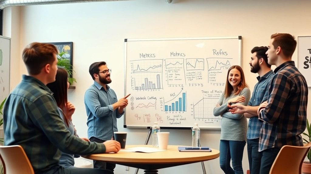 Team of entrepreneurs in casual startup office discussing metrics on whiteboard, collaborative energy, diverse group engaged in planning session