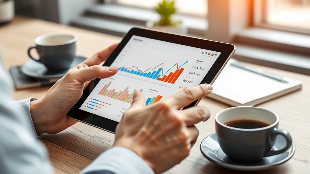 Close-up of founder's hands working on tablet showing business growth charts and financial data, modern workspace with coffee and notebook nearby