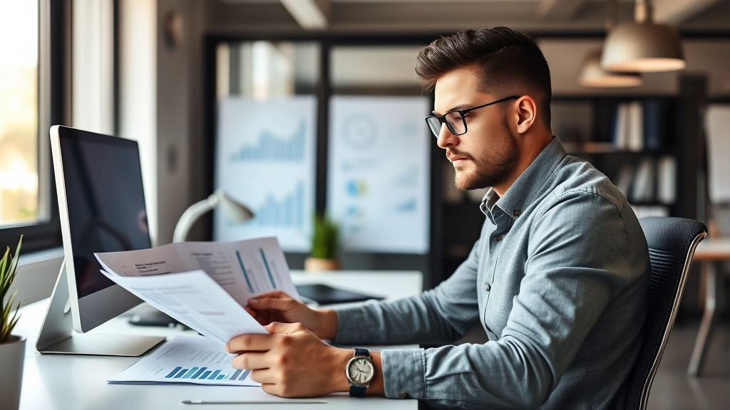 Founder sitting at desk reviewing financial documents and business metrics, natural lighting, focused expression, modern office workspace