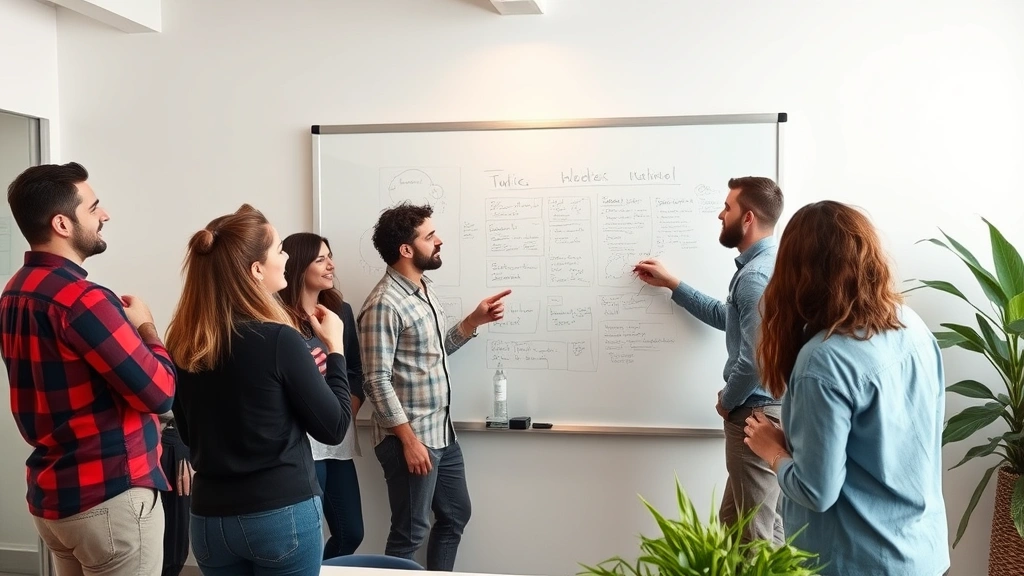 Team of diverse entrepreneurs in startup office collaborating around whiteboard planning session, energetic and engaged atmosphere