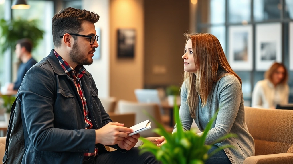 Entrepreneur conducting customer interview in casual setting, listening intently while taking notes, genuine conversation moment