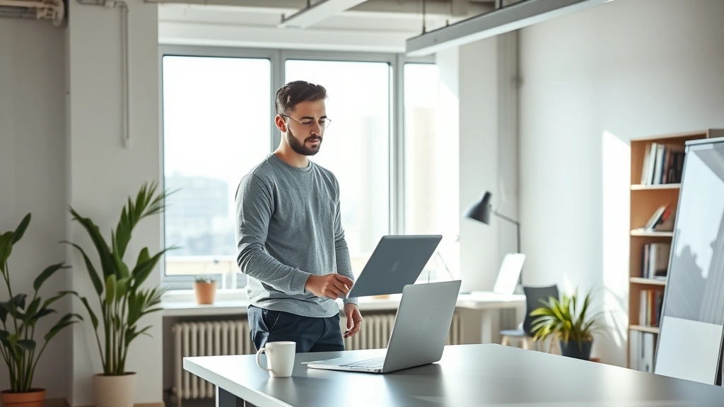 Founder at standing desk working on laptop in modern startup office with minimalist design, natural light from windows, focused expression, coffee cup nearby, no screens or data visible