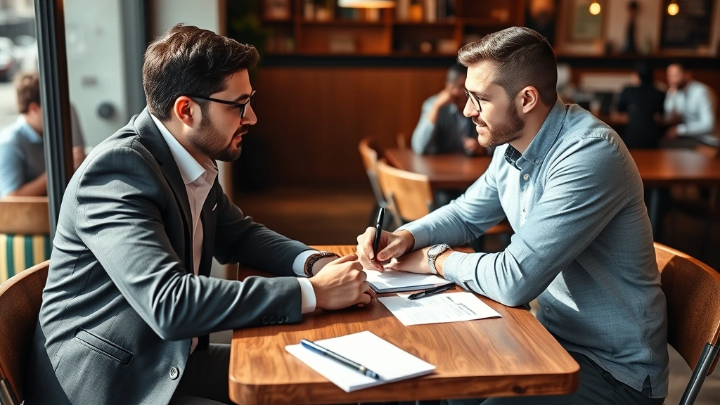 Two entrepreneurs having intense discussion at small table in casual coffee shop setting, notebooks and pens scattered, leaning forward engaged conversation, natural lighting