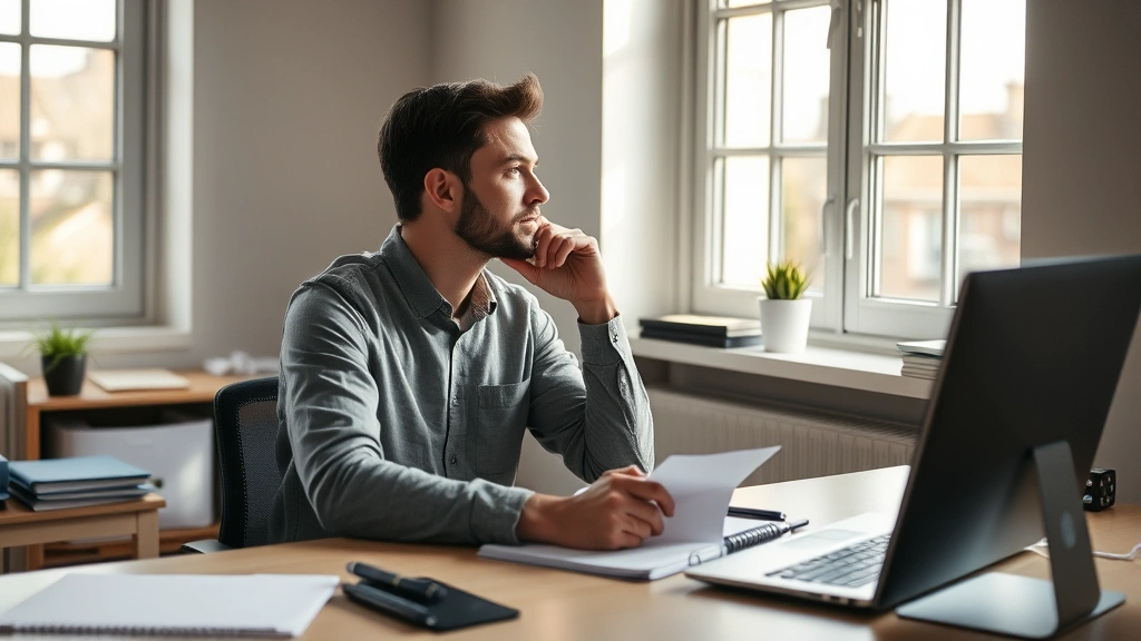 Solo founder sitting at desk with notebook and pen, thinking expression looking out window, clean workspace with minimal clutter, morning or afternoon natural light streaming in