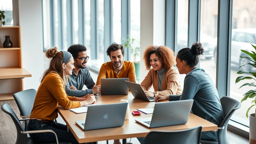Small diverse team collaborating around table with laptops and notepads, engaged discussion, modern workspace with natural light