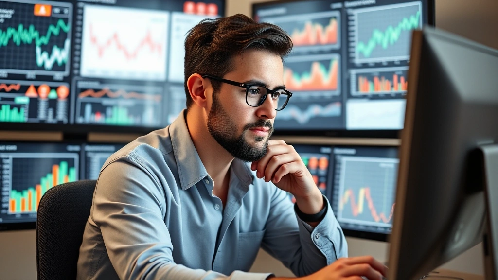 Founder reviewing financial charts and metrics on multiple screens, thoughtful expression, analyzing business data with spreadsheets and dashboards visible