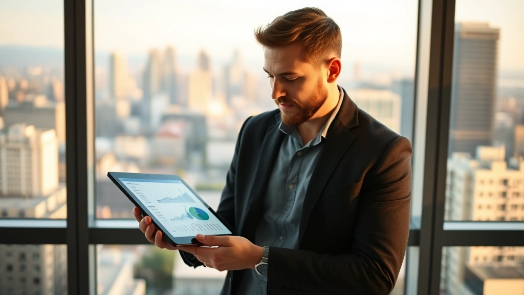 Founder reviewing metrics on a tablet while standing at a window overlooking a city, thoughtful expression, data visualization glowing softly, early morning light, contemplative moment about business progress