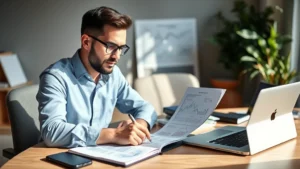 Founder working at a desk with financial reports and laptop, natural office lighting, focused expression, notebook with sketches of business strategy