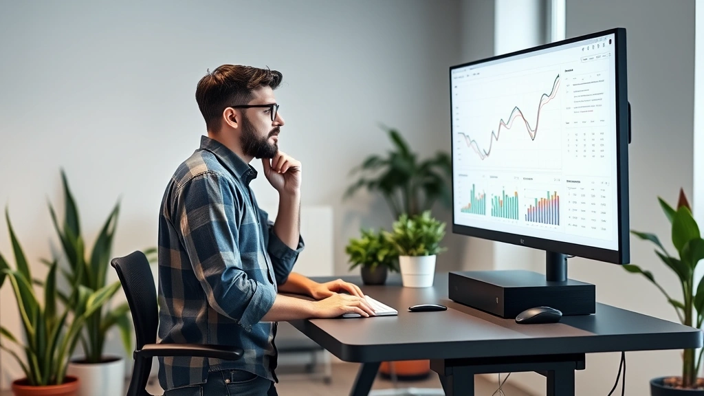 Founder at a standing desk reviewing metrics on a large monitor, wearing casual startup attire, thoughtful expression, modern minimal office space with plants