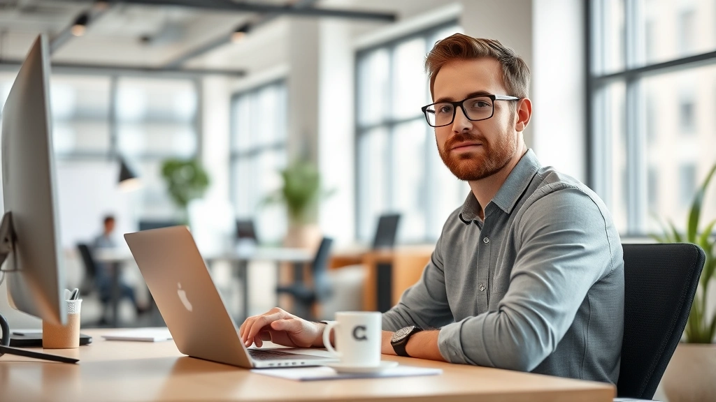 Founder sitting at desk with laptop and coffee, looking thoughtfully at camera, modern minimal startup office space, natural daylight through large windows, authentic candid moment