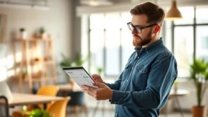 Founder reviewing customer feedback data on tablet in modern startup office, morning light, focused expression, real-world entrepreneurship setting