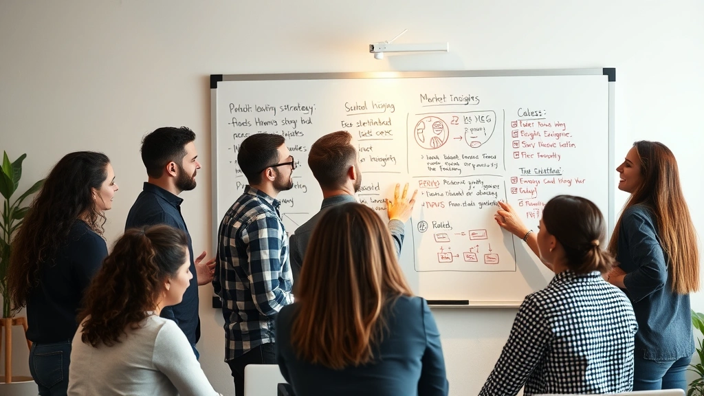 Team collaborating around whiteboard discussing strategy and market insights, diverse group, energetic brainstorming session, startup environment