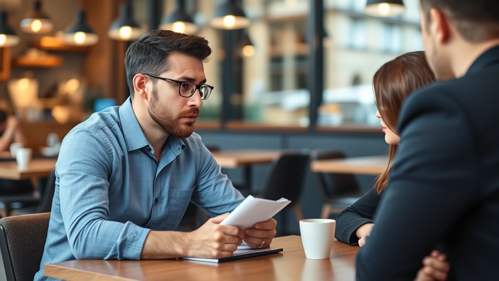 Entrepreneur taking notes during customer meeting at coffee shop, genuine conversation, listening intently, real business interaction