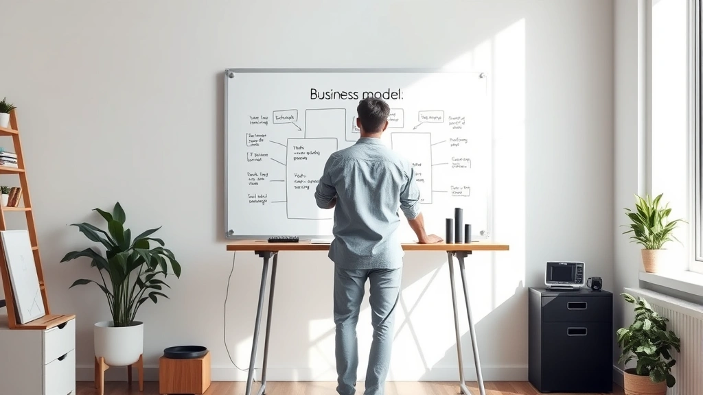 A founder at a standing desk with a whiteboard behind them showing a simple one-page business model, minimalist workspace, morning light coming through a window, realistic and uncluttered
