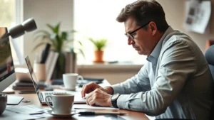 Founder working intently at a desk surrounded by coffee cups, laptop, and financial documents, natural office lighting, focused expression showing determination and exhaustion