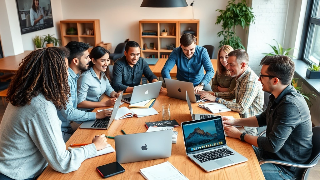 Diverse startup team collaborating around a wooden table with laptops and notebooks, casual office environment, genuine conversation and engagement visible