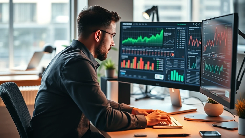 Entrepreneur reviewing financial charts and analytics on a computer monitor, warm desk lighting, concentration on numbers and metrics, modern workspace