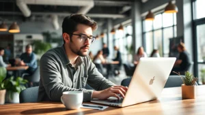 Founder working at laptop in modern co-working space, natural morning light, focused expression, coffee nearby, diverse startup environment visible in background
