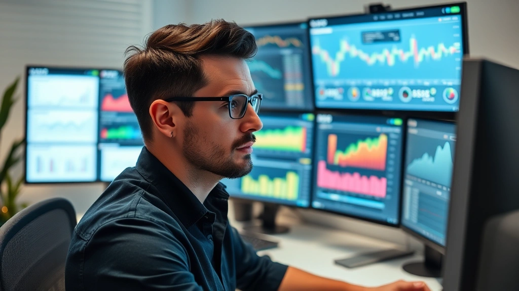 Entrepreneur reviewing financial dashboards and metrics on multiple monitors, professional home office setup, serious focused expression, clean modern workspace