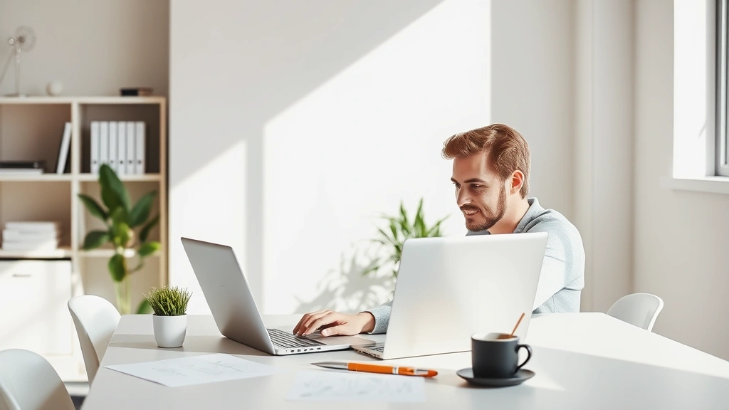 Founder at laptop in minimalist workspace, focused and calm, natural daylight, papers and coffee nearby, entrepreneurial energy without chaos
