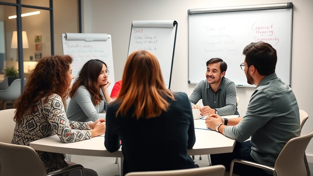 Team in collaborative meeting, diverse group engaged in discussion around a table, whiteboard visible in background, genuine interaction and energy