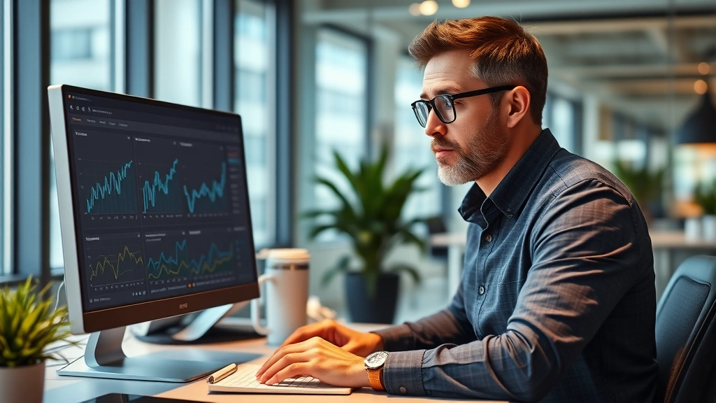 Founder reviewing financial dashboard on computer, thoughtful expression, modern office, charts and analytics visible on screen, professional and grounded