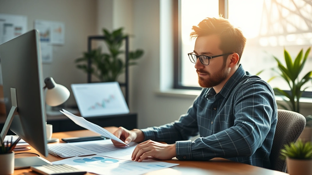 Founder working at desk with financial spreadsheets and calculator, focused expression, morning light through window, startup office environment, realistic photography